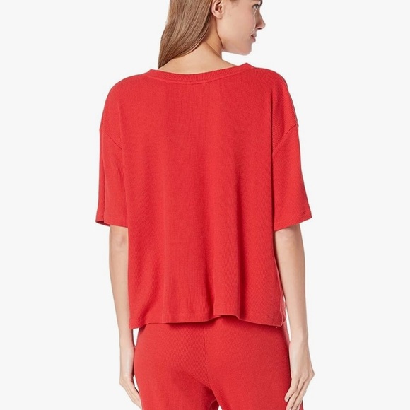 Eberjey Cozy Waffle Henley Short Sleeve Long PJ Set Red Medium Pajamas - Picture 3 of 11